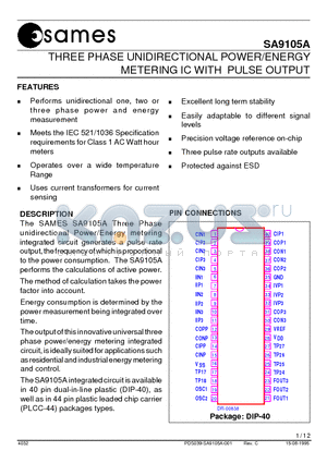 SA9105APA datasheet - THREE PHASE UNIDIRECTIONAL POWER/ENERGY METERING IC WITH PULSE OUTPUT