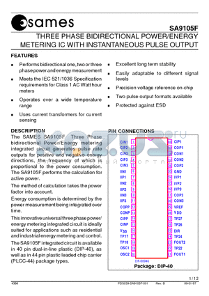 SA9105FPA datasheet - THREE PHASE BIDIRECTIONAL POWER/ENERGY METERING IC WITH INSTANTANEOUS PULSE OUTPUT