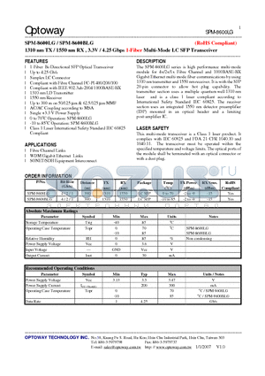 SPM-8600LG datasheet - 1310 nm TX / 1550 nm RX , 3.3V / 4.25 Gbps 1-Fiber Multi-Mode LC SFP Transceiver