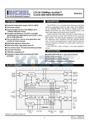 SY87701LZI datasheet - 3.3V 32-1250Mbps AnyRate CLOCK AND DATA RECOVERY