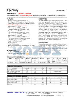 SPM-8100WG datasheet - 3.3V / 850 nm / 4.25 Gbps Digital Diagnostic Digital Diagnostic SFP LC Multi-Mode TRANSCEIVER