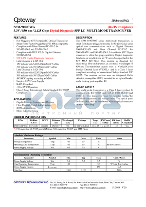 SPM-9100FWG datasheet - 3.3V / 850 nm / 2.125 Gbps Digital Diagnostic SFP LC MULTI-MODE TRANSCEIVER
