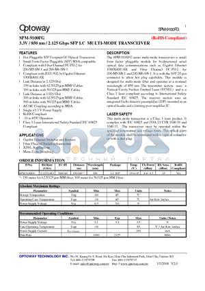 SPM-9100FG datasheet - 3.3V / 850 nm / 2.125 Gbps SFP LC MULTI-MODE TRANSCEIVER