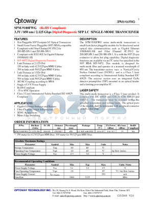 SPM-9100FWG datasheet - 3.3V / 850 nm / 2.125 Gbps Digital Diagnostic SFP LC SINGLE-MODE TRANSCEIVER
