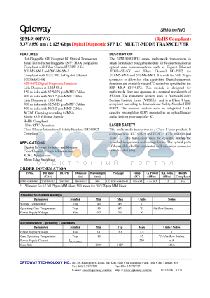 SPM-9100FWG_08 datasheet - 3.3V / 850 nm / 2.125 Gbps Digital Diagnostic SFP LC MULTI-MODE TRANSCEIVER