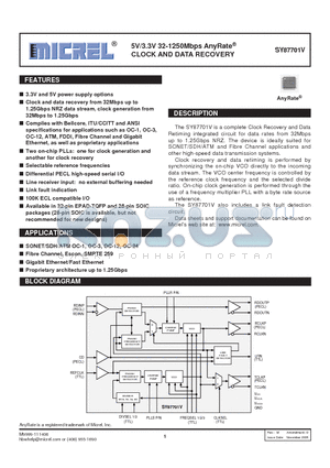 SY87701VHC datasheet - 5V/3.3V 32-1250Mbps AnyRate CLOCK AND DATA RECOVERY