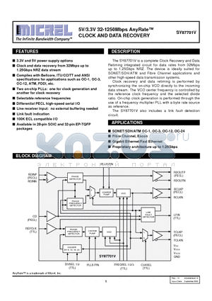 SY87701V datasheet - 5V/3.3V 32-1250Mbps AnyRate CLOCK AND DATA RECOVERY