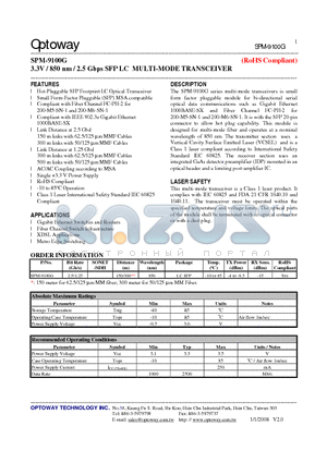 SPM-9100G datasheet - 3.3V / 850 nm / 2.5 Gbps SFP LC MULTI-MODE TRANSCEIVER