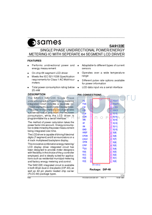 SA9122E datasheet - SINGLE PHASE UNIDIRECTIONAL POWER/ENERGY METERING IC WITH SEPERATE 64 SEGMENT LCD DRIVER