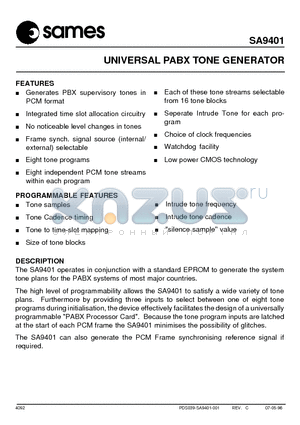 SA9401 datasheet - UNIVERSAL PABX TONE GENERATOR