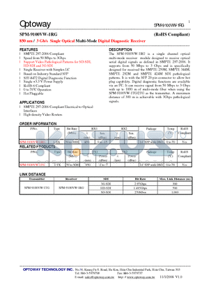 SPM-9100VW-1RG datasheet - 850 nm / 3 Gb/s Single Optical Multi-Mode Digital Diagnostic Receiver