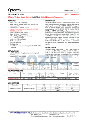 SPM-9100VW-1TG datasheet - 850 nm / 3 Gb/s Single Optical Multi-Mode Digital Diagnostic Transmitter