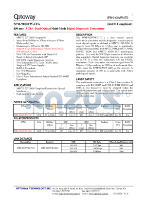 SPM-9100VW-2RG datasheet - 850 nm / 3 Gb/s Dual Optical Multi-Mode Digital Diagnostic Transmitter