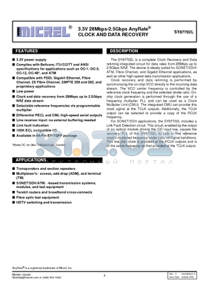 SY87702L datasheet - 3.3V 28Mbps-2.5Gbps AnyRate CLOCK AND DATA RECOVERY