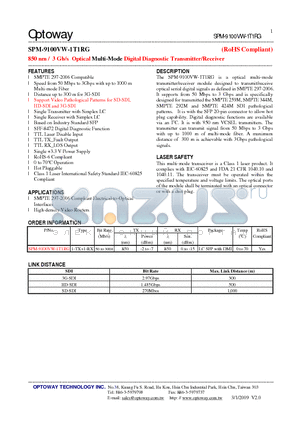 SPM-9100VW-1T1RG datasheet - 850 nm / 3 Gb/s Optical Multi-Mode Digital Diagnostic Transmitter/Receiver