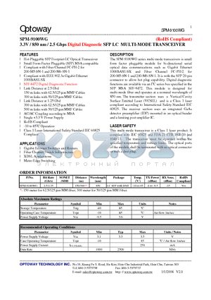 SPM-9100WG_08 datasheet - 3.3V / 850 nm / 2.5 Gbps Digital Diagnostic SFP LC MULTI-MODE TRANSCEIVER