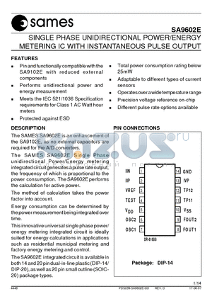 SA9602ESA datasheet - SINGLE PHASE UNIDIRECTIONAL POWER/ENERGY METERING IC WITH INSTANTANEOUS PULSE OUTPUT