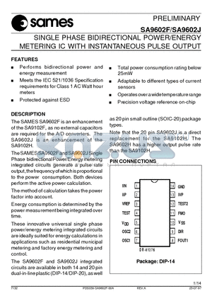 SA9602FSA datasheet - SINGLE PHASE BIDIRECTIONAL POWER/ENERGY METERING IC WITH INSTANTANEOUS PULSE OUTPUT