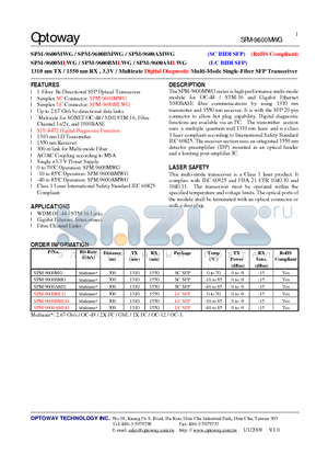 SPM-9600AMLG datasheet - 1310 nm TX / 1550 nm RX , 3.3V / Multirate Digital Diagnostic Multi-Mode Single-Fiber SFP Transceiver