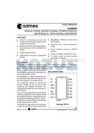 SA9603C datasheet - SINGLE PHASE BIDIRECTIONAL POWER/ENERGY METERING IC WITH SERIAL INTERFACE