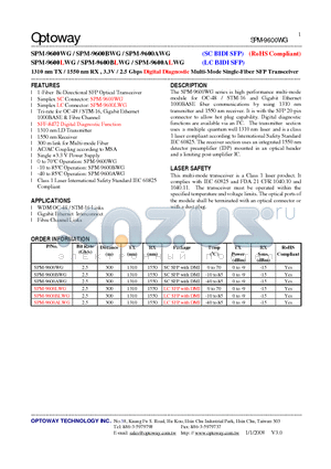 SPM-9600ALWG datasheet - 1310 nm TX / 1550 nm RX , 3.3V / 2.5 Gbps Digital Diagnostic Multi-Mode Single-Fiber SFP Transceiver