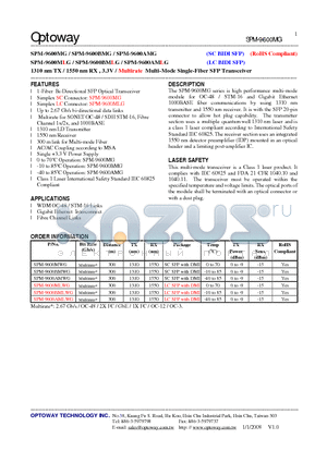 SPM-9600AMWG datasheet - 1310 nm TX / 1550 nm RX , 3.3V / Multirate Multi-Mode Single-Fiber SFP Transceiver