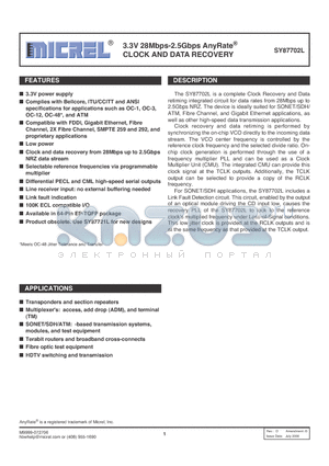 SY87702LHI datasheet - 3.3V 28Mbps-2.5Gbps AnyRate CLOCK AND DATA RECOVERY