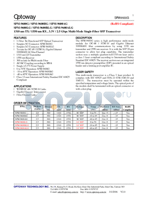 SPM-9600G datasheet - 1310 nm TX / 1550 nm RX , 3.3V / 2.5 Gbps Multi-Mode Single-Fiber SFP Transceiver