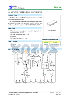 SA9618A datasheet - RF AMPLIFIER FOR CD DIGITAL SERVO SYSTEM