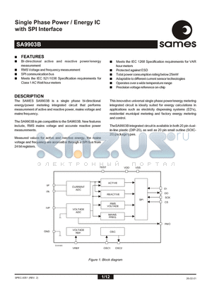 SA9903 datasheet - Single Phase Power / Energy IC with SPI Interface