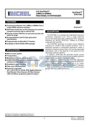 SY87729L datasheet - 3.3V AnyClock (10MHz to 365MHz) FRACTIONAL N SYNTHESIZER