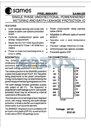 SA9642EPA datasheet - SINGLE PHASE UNIDIRECTIONAL POWER/ENERGY METERING AND EARTH LEAKAGE PROTECTION IC