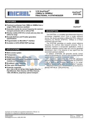 SY87729LHITR datasheet - 3.3V AnyClock (10MHz to 365MHz) FRACTIONAL N SYNTHESIZER