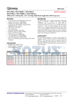 SPM-9700BG datasheet - 1550 nm TX / 1310 nm RX , 3.3V / 2.5 Gbps Multi-Mode Single-Fiber SFP Transceiver