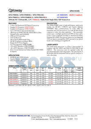 SPM-9700AMLG datasheet - 1550 nm TX / 1310 nm RX , 3.3V / Multirate Multi-Mode Single-Fiber SFP Transceiver