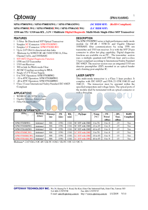 SPM-9700AMWG datasheet - 1550 nm TX / 1310 nm RX , 3.3V / Multirate Digital Diagnostic Multi-Mode Single-Fiber SFP Transceiver