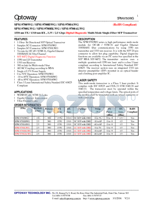 SPM-9700BLWG datasheet - 1550 nm TX / 1310 nm RX , 3.3V / 2.5 Gbps Digital Diagnostic Multi-Mode Single-Fiber SFP Transceiver