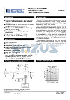 SY87739LHI datasheet - PROTOCOL TRANSPARENT 3.3V 10MHz to 729MHz FRACTIONAL-N SYNTHESIZER