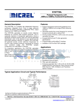 SY87739LHY datasheet - Protocol Transparent, 3.3V, 10MHz to 729MHz, Fractional-N Synthesizer