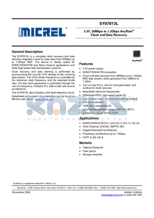 SY87813L datasheet - 3.3V, 28Mbps to 1.3Gbps AnyRate Clock and Data Recovery