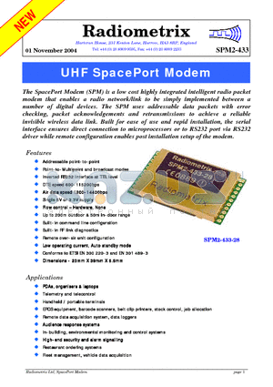 SPM2-433 datasheet - UHF SpacePort Modem