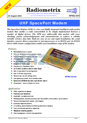 SPM2-433-18-3V datasheet - UHF SpacePort Modem