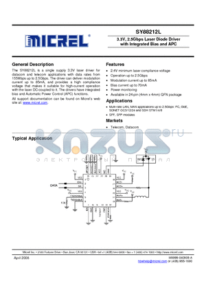 SY88212LMG datasheet - 3.3V, 2.5Gbps Laser Diode Driver