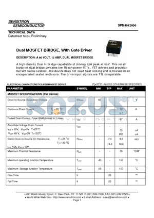 SPM4012006 datasheet - Dual MOSFET BRIDGE, With Gate Driver