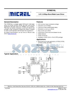 SY88216LMGTR datasheet - 3.3V, 2.5Gbps Burst Mode Laser Driver