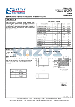 SPM6-2200H datasheet - LOW COST MINIATURE DOUBLE BALANCED MIXER 10-2200 MHz