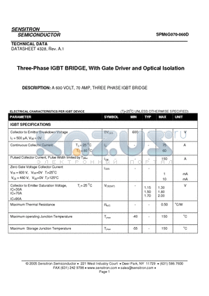 SPM6G070-060D datasheet - Three-Phase IGBT BRIDGE, With Gate Driver and Optical Isolation