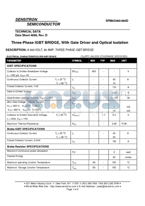 SPM6G080-060D datasheet - Three-Phase IGBT BRIDGE With Gate Driver and Optical Isolation