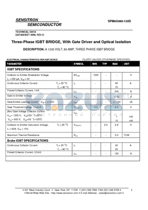 SPM6G080-120D datasheet - Three-Phase IGBT BRIDGE With Gate Driver and Optical Isolation