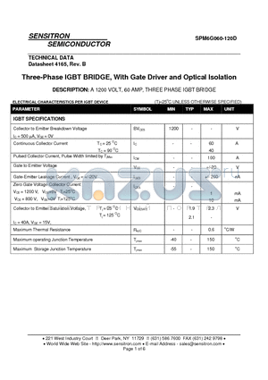 SPM6G060-120D datasheet - Three-Phase IGBT BRIDGE With Gate Driver and Optical Isolation